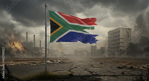 South African Flag Flies Over Ruined City Reflecting Post-Apocalyptic Aftermath