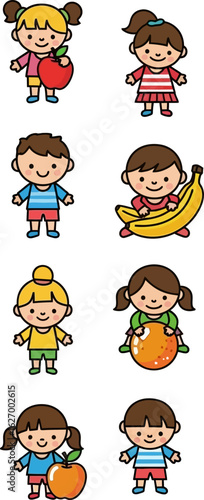 Cute Cartoon Kids with Fruits Illustration Vector Set for Educational Materials and Childrens Products Design Featuring Diverse Characters