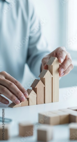 Hands Building Wooden House Structures Representing Growth