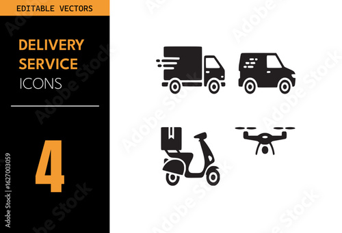Delivery service icon set. Containing truck, van, scooter, drone, express shipping, logistics, transport symbols and more. Vector illustration