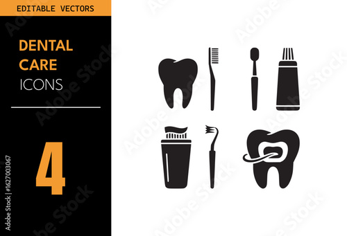 Dental care icon set. Containing tooth, toothbrush, toothpaste, dental floss, hygiene tools, oral health symbols and more. Vector illustration