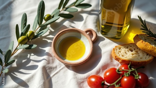 Traditional Aegean Breakfast with Turkish Olive Oil, Olives, and Tomatoes
