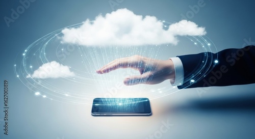 Hand Interacting with Digital Cloud Interface on Smartphone