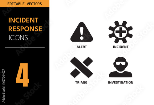 Incident response icon set. Includes alert sign, incident gear, triage X symbol, and safety investigation figure. Black and white vector illustration