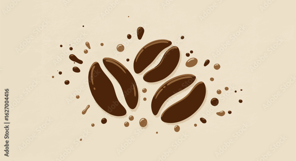 Obraz premium Vector illustration of three roasted coffee beans with liquid coffee splashes. Creative graphic icon for a cafe or beverage menu.