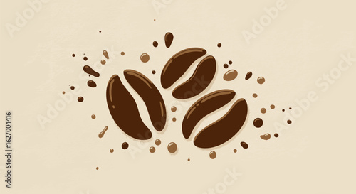 Vector illustration of three roasted coffee beans with liquid coffee splashes. Creative graphic icon for a cafe or beverage menu.