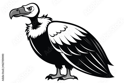 Stern cartoon vulture with black plumage and a white neck perches ominously