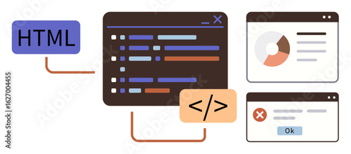 HTML tag, code editor with highlighted syntax, data chart interface, and error message. Ideal for programming, coding, software design, development analytics debugging data visualization. Simple