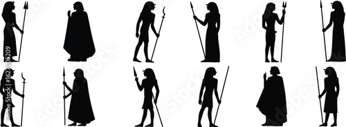 Ancient warrior silhouette set, black vector icons of mythological figures with spears and staffs, historical character design for culture and fantasy