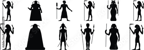 Ancient Egyptian silhouette set, black vector icons of pharaohs and gods, holding staffs and symbols, historical culture illustration design