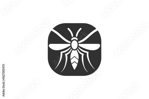 Striking dark grey icon presents detailed mosquito in a stylized rounded square shape