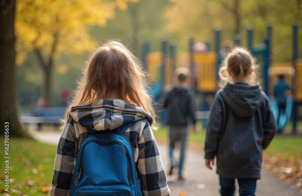 Children walk towards playground equipment. Focused on young student with blue backpack, blurred background shows kids playing. Autumn scene with yellow leaves evokes school recess, outdoor fun, Children walk towards playground equipment. Focused on young student with blue backpack, blurred background shows kids playing. Autumn scene with yellow leaves evokes school recess, outdoor fun,