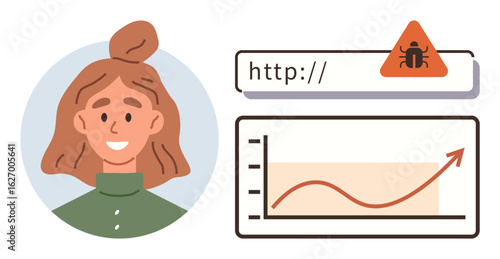 Smiling woman next to malicious website alert and upward trend graph. Ideal for cybersecurity, online safety, data analysis, education, business growth, risk management, simple flat metaphor