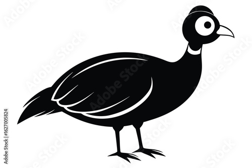 Guinea fowl poses gracefully in solid black art with white accents