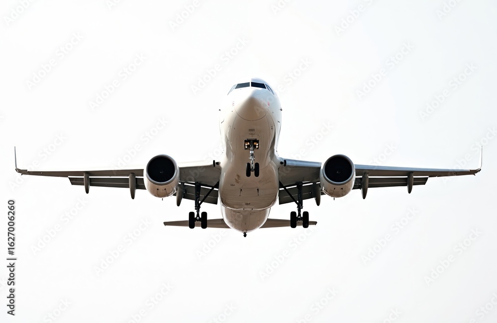 Fototapeta premium Front view of airplane isolated on white background. White plane in sky. Commercial airliner landing. Aviation transport, travel, industry, airline, air travel concept. Passenger jet, plane flying in