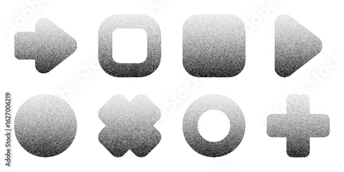 Dotted gradient shapes with noise grain vector art. Abstract design elements for graphic design and digital media projects.