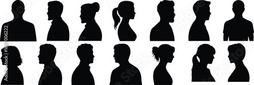 Human head silhouette set, diverse black vector profiles and front views, people icons for identity, avatar, design, and diversity themes