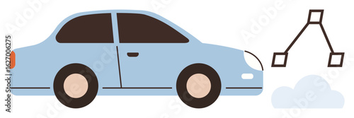 Modern blue car beside abstract navigation and cloud elements, symbolizing transportation, GPS, technology, and innovation. Ideal for automotive, smart tech, connectivity, eco travel logistics