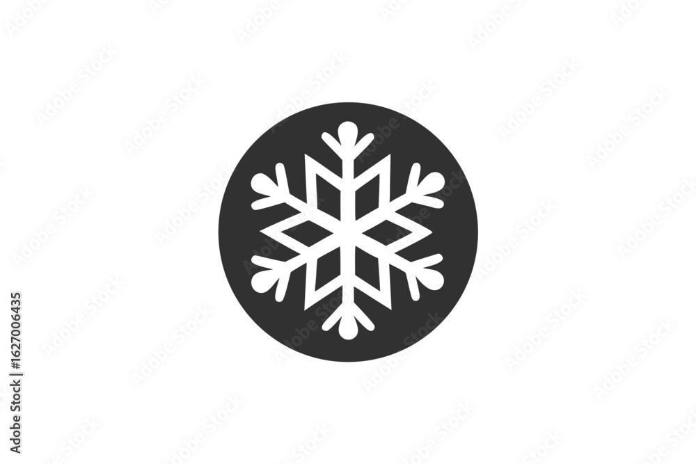 White snowflake icon inside a simple gray circle on a white background White snowflake icon inside a simple gray circle on a white background