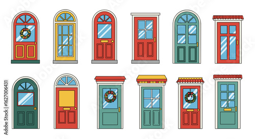 Collection of twelve assorted colorful doors with arched and rectangular designs and wreaths on some