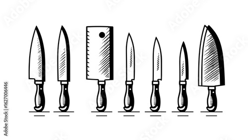 Illustration of a set of kitchen knives including a cleaver with wooden handles in a row on white background