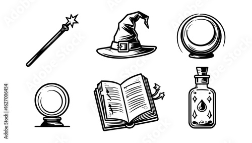 Illustration of a magic wand, wizard hat, crystal balls, spellbook, and potion bottle in black and white