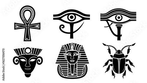 Illustration showing egyptian symbols including ankh, eye of horus, mask, pharaoh and scarab beetle