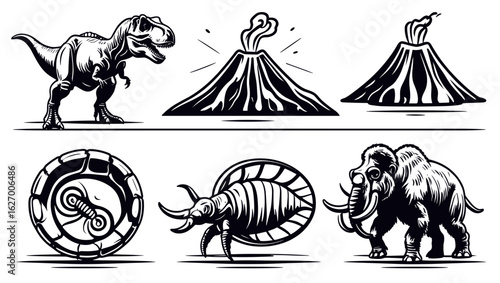 Illustration of a tyrannosaurus rex, erupting volcanoes, fossil, prehistoric insect, and mammoth