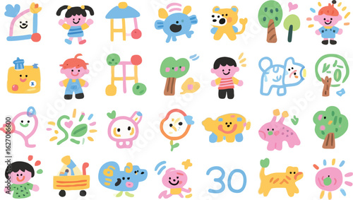 Playful and Colorful Hand Drawn Childrens Illustration Seamless Pattern Featuring Happy Characters Trees and Toys