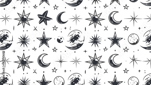 Illustration of a seamless pattern featuring stars, moons, and celestial bodies on a white backdrop