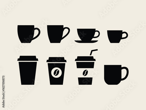 Variety of Coffee Cup and To Go Container Black Silhouettes on Light Background Vector Illustration