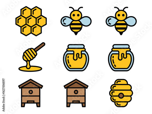 Set of honeybee related icons including honeycomb bees honey jars and beehives representing beekeeping and honey production with clean lines