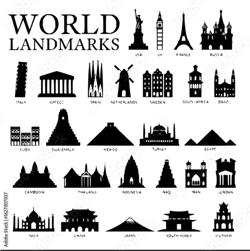 Collection of world landmarks silhouettes including eiffel tower statue of liberty and more landmarks