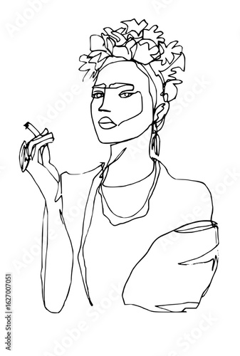 Continuous line drawing of a woman with a flower crown and cigarette in a minimalist style art work
