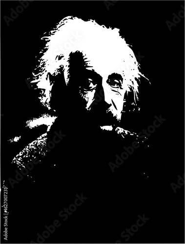 Black and white stencil portrait of an older man with white hair and dark clothing in shadow style