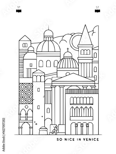 Detailed line drawing of venice cityscape featuring domes towers and architectural details on white background