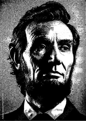 Illustration of abraham lincoln with a beard and suit in black and white halftone style portrait view