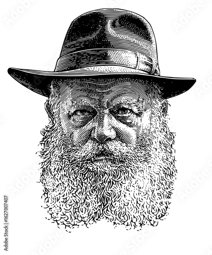 Illustration of a man with a beard and a hat in black and white in a stencil style design art
