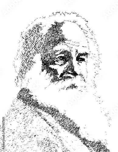 Portrait of an old man with a beard and long hair rendered in black and white using hatch marks style