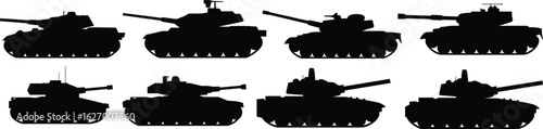 Set of eight black tank silhouettes, military vehicle icons, varied turret and barrel designs, vector war illustration for defense themes