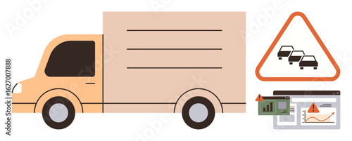 Delivery truck alongside congestion warning sign and analytical dashboards with graphs and alerts. Ideal for logistics, transportation, data analytics, traffic monitoring, fleet management, risk