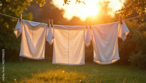 Wallpaper Mural White shirts hanging on clothesline in a serene garden with rich green trees and clear blue sky. Freshly washed clothes drying in the sunlight, peaceful atmosphere, rural setting, laundry day. Torontodigital.ca