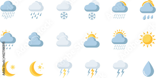 A set of weather icons representing various conditions, including sun, clouds, rain, snow, lightning, and a crescent moon with stars, perfect for weather apps or forecasts.