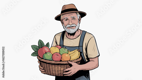 Clean and modern vector  farmer holding basket of fresh harvest fruits organic produce market