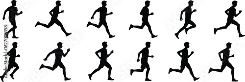 Set of running motion silhouettes, black vector icons of human sprint cycle, athletic pose collection, biomechanics movement illustration