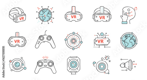 Virtual reality technology line icon set. VR headset, controller, and metaverse concept symbols. Modern thin line vector illustrations.
