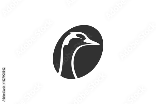 The minimalist black and white goose icon is enclosed within an oval shape