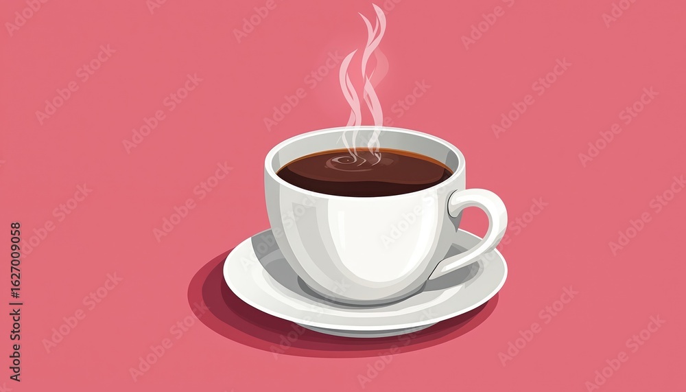 Obraz premium Illustration of white cup filled with dark coffee on saucer, emitting wisps of steam. Inviting hot beverage represents morning energy, caffeine boost, moment of relaxation. Simple, clean graphic