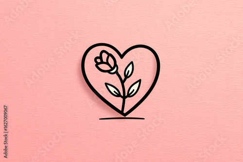 one-line drawn heart with rose inside