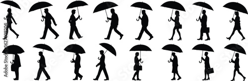 Set of umbrella silhouettes, people walking in rain, black vector icons, rainy day poses, urban commuter illustration for design use
